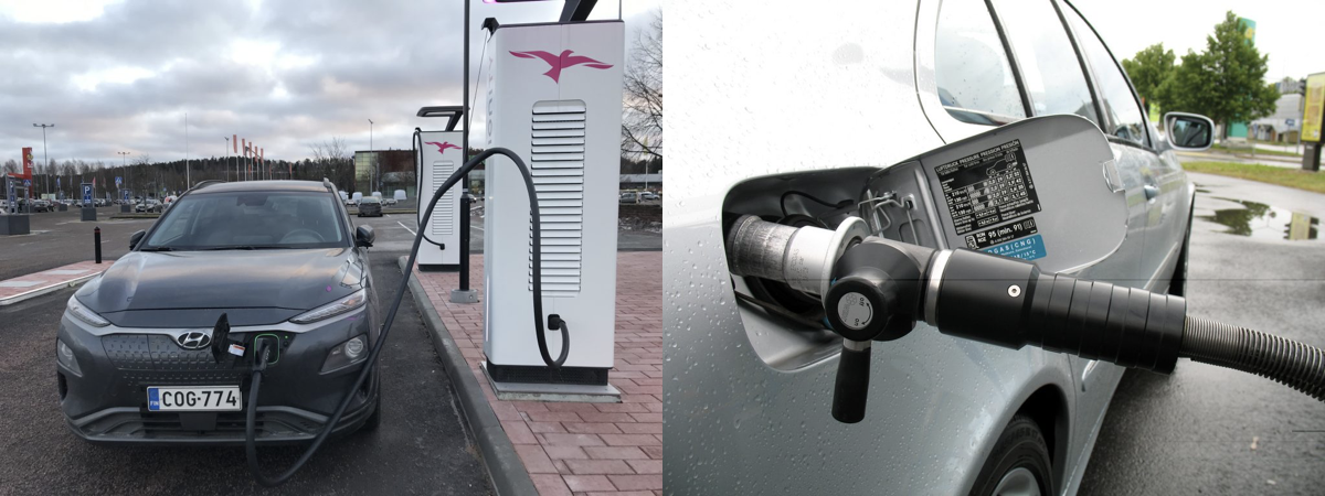 sähköauto lataus ja kaasuauto tankkaus